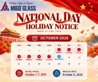 MIGO Glass 2026 چین کے قومی دن کی چھٹیوں کا نوٹس